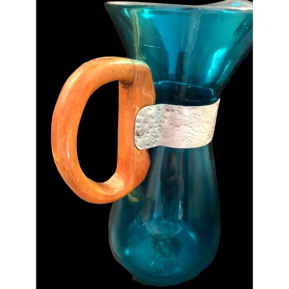 Vintage Blown Glass Turquoise Teal Water Wine Beverage Carafe Wood Metal Handle - Picture 5 of 11